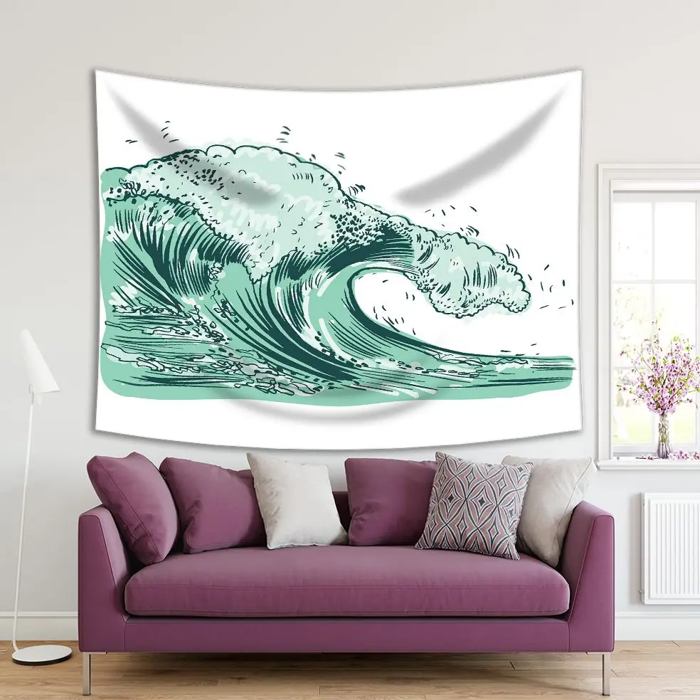 

Tapestry Ocean Waves Cartoon Summertime Adventure Nature Theme Light Green Monochrome Artwork Printed