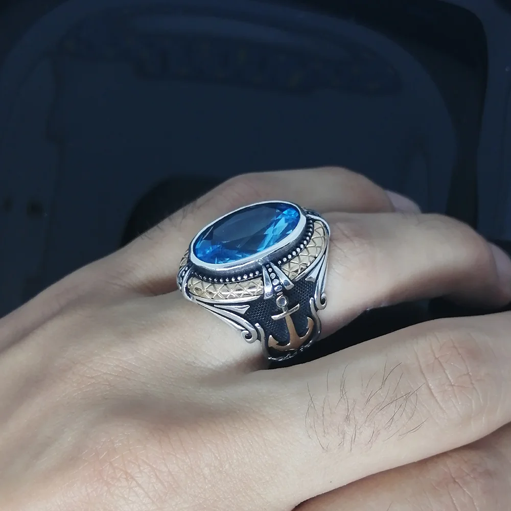 Bague de marin injecteur pour homme, pierre d'aigue-marine naturelle, argent regardé 925 pur, côtés plaqués or, bijoux turcs faits à la main