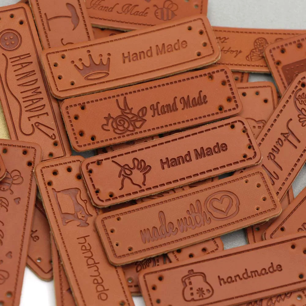 50Pcs Labels Cartoon Pattern Handmade Label Brown PU Leather For Clothes 51x16MM Hand Made Clothing Tag Sew Accessories | Дом и сад