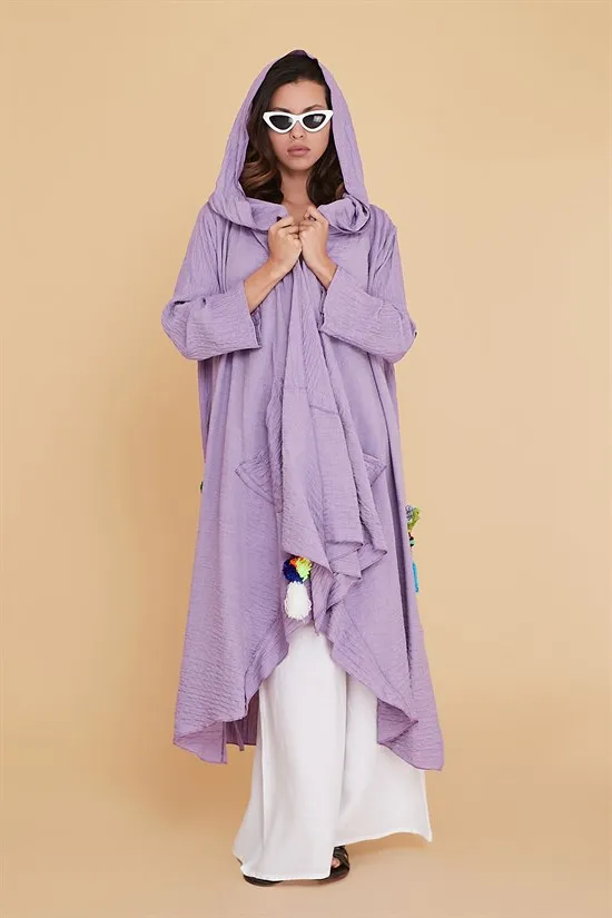 Lilac Color Hooded Tasseled Boho Witch Cape Poncho For Women Wicca Clothing 4xl 5xl 6xl 7xl 8xl Made In Turkey