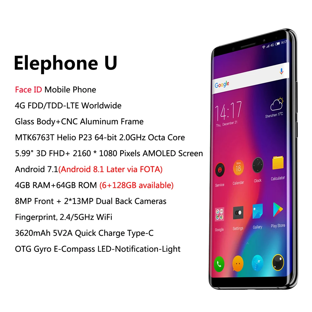 Elephone U 4G уход за кожей лица ID мобильный телефон 6+ 128 Гб Octa Core передача данных, элемент соединения автоматизированной системы управления производством, Грануляция, Glass5 FHD+ безрамочный экран 1080p 13+ 13 Мп двойные задние Камера смартфон с отпечатками пальцев