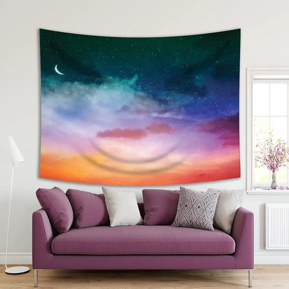 

Tapestry Magic Sky With Stars New Moon and Colorful Clouds Artwork Orange Red Purple Blue Green