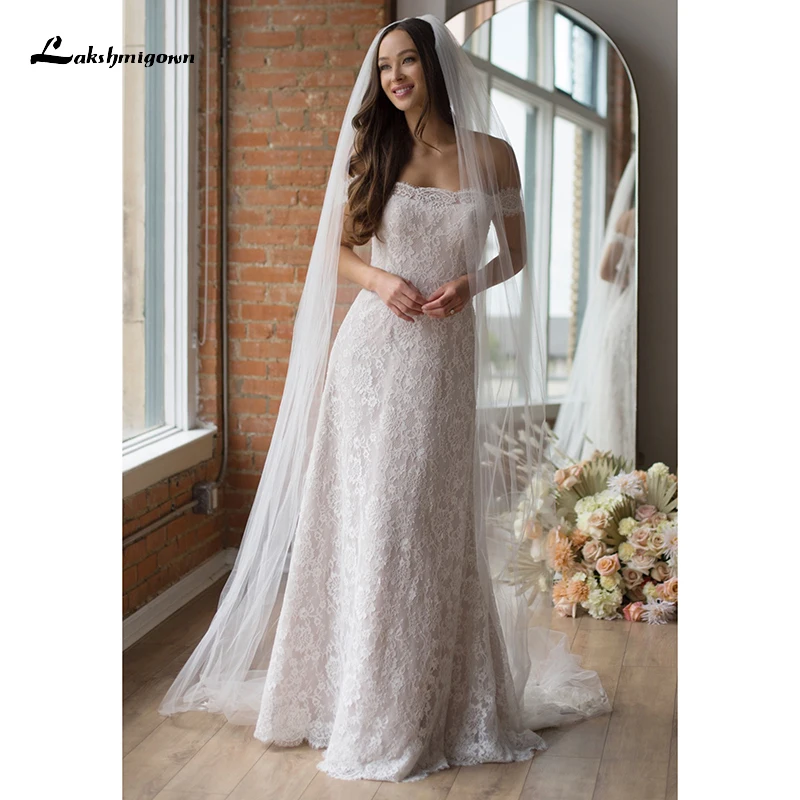 

Noble Lace Boat Neck Off the Shoulder Brush Train Button Floor-Length A-LINE Bridal Gowns Wedding Dresses 2022 платье женское