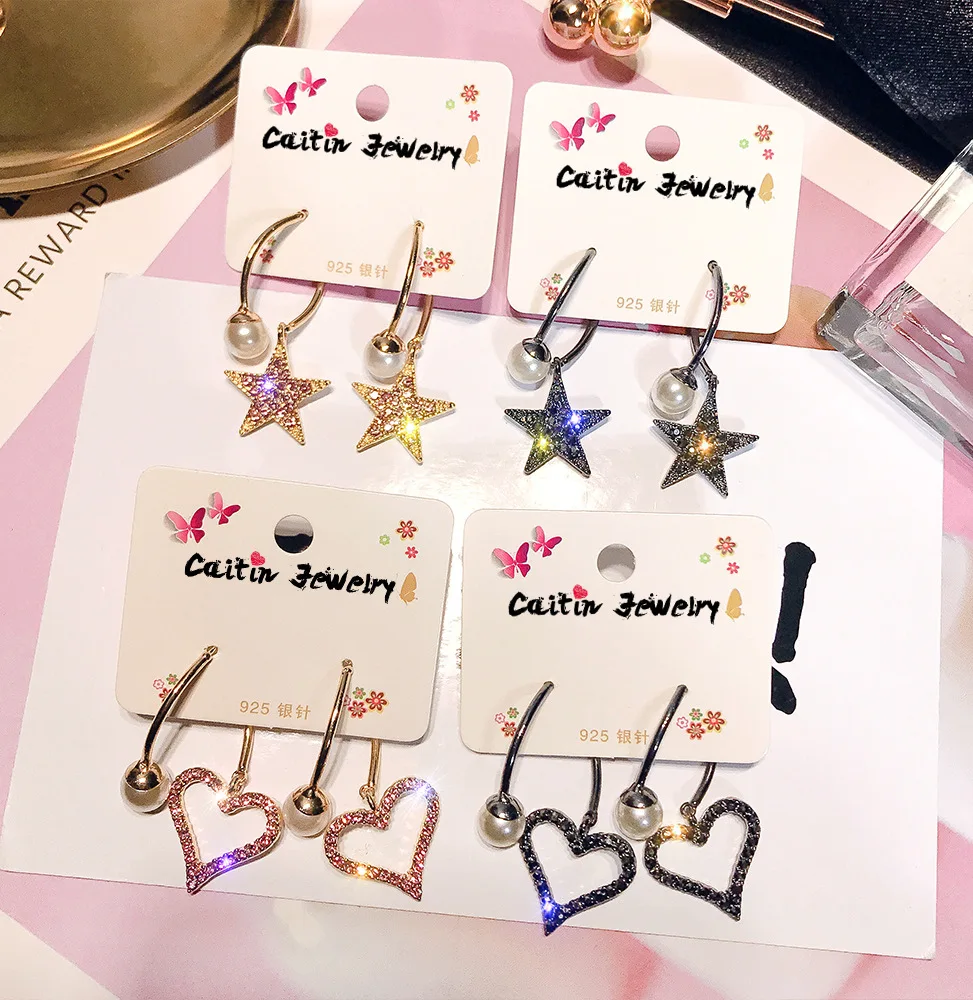 Корейские 925 пробы серебряные иголки жемчужные полые любовь пятиконечная звезда
