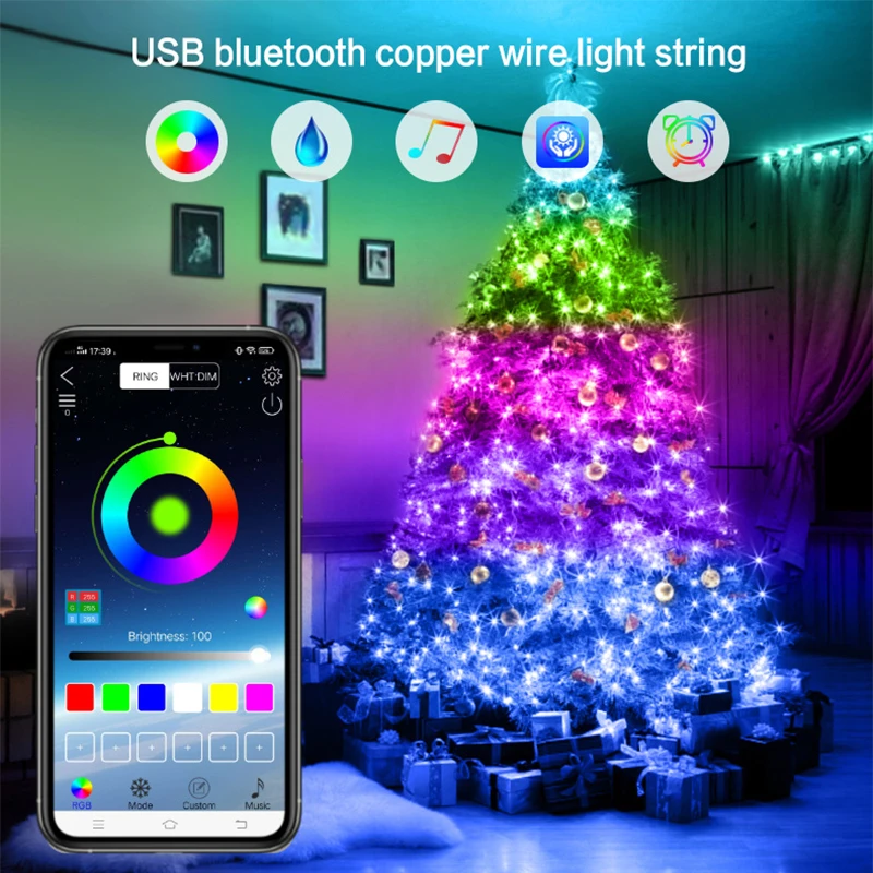 

USB Bluetooth Copper Wire Light String RGB Christmas Day Rainproof Outdoor Garden Decoration Light Smart Phone APP Music Control