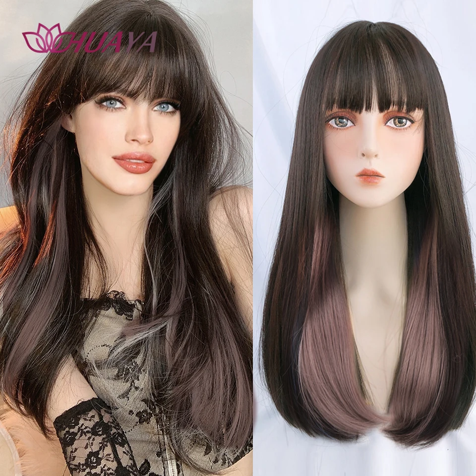 

HUAYA Synthetic Wig For Women Long Straight Cosplay Wig With Bangs Two Tone Ombre Lolita Wig Highlight Pink Blue Blond Fake Hair