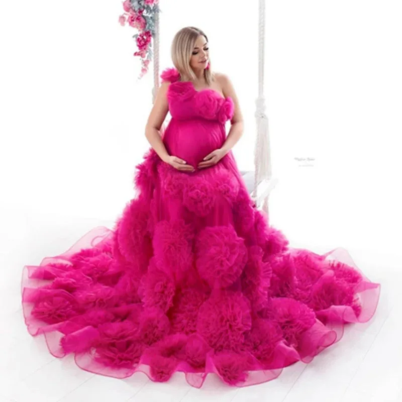 

Fuchsia Tulle Photo Shoot Dress Maternity Gowns 3D Flowers One Shoulder Modest Women Maternity Dresses Pregnancy Babyshower Gown