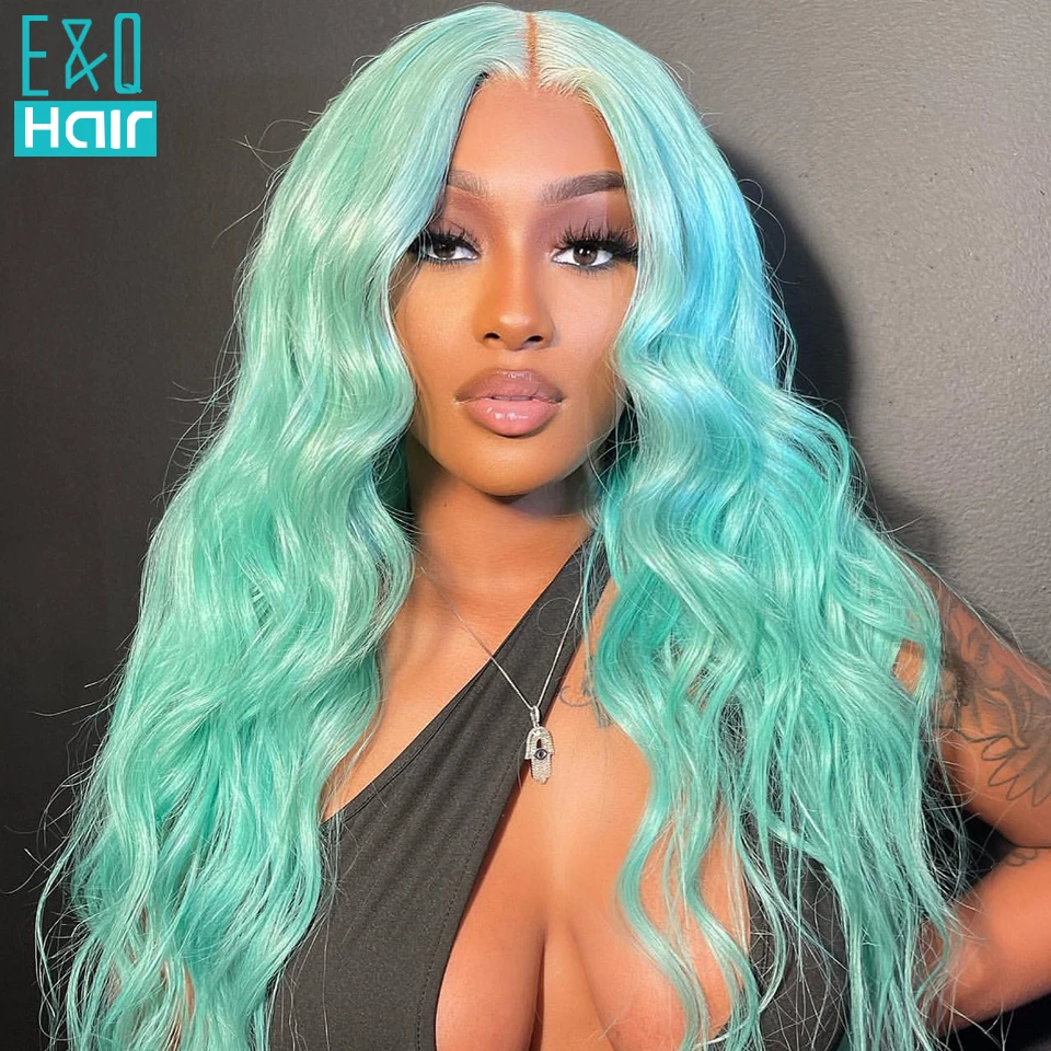 

180% Density Mint Green Colored Loose Wave Lace Part Wig Brazilian Remy Hair Transparent Lace Frontal Wigs For Women Human Hair
