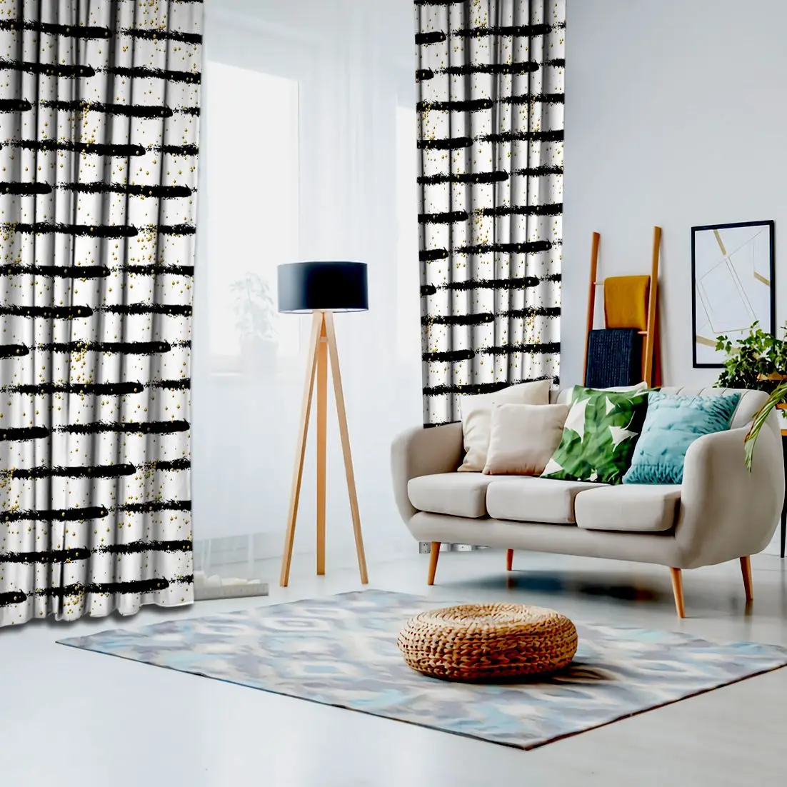 Занавес абстрактный узор с золотыми точками на черно белые полосы Современное