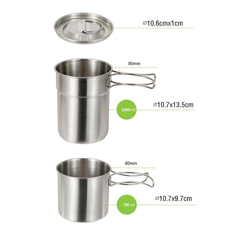 2Pcs Stainless Steel Pot Portable Camping Water Mug Cup with Folding Handle Picnic Cookware Set | Спорт и развлечения