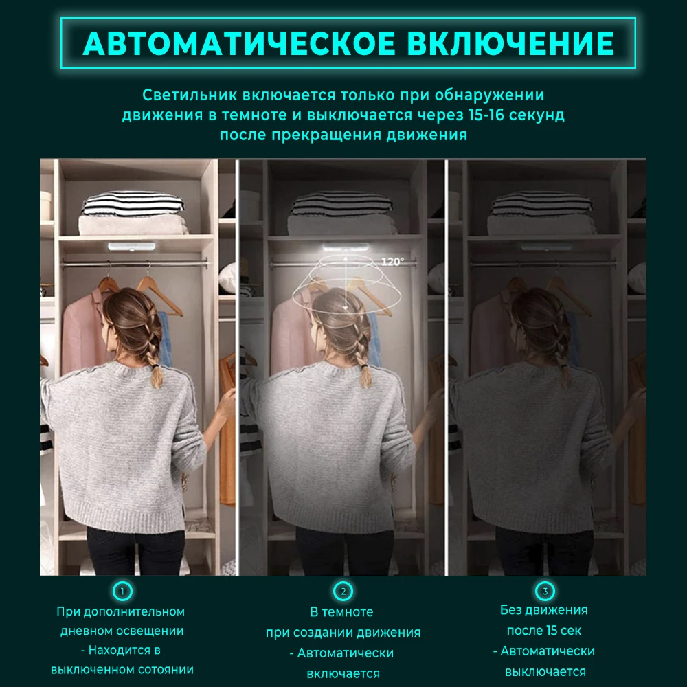 Светильник светодиодный беспроводной настенный с датчиком движения ночник для