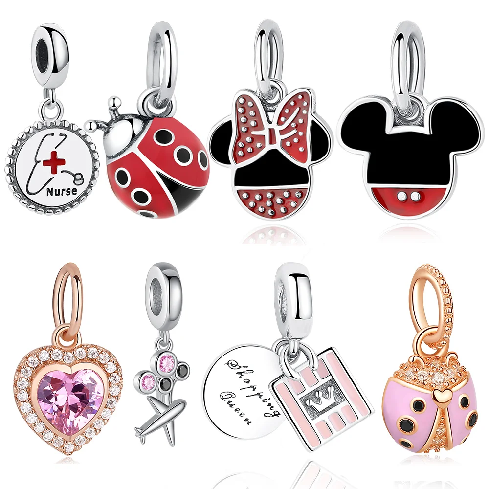 

ELESHE Christmas 925 Sterling Silver Beads Red Enamel Insect Ladybug Heart Charms Beads Fit Bracelets DIY Jewelry Making