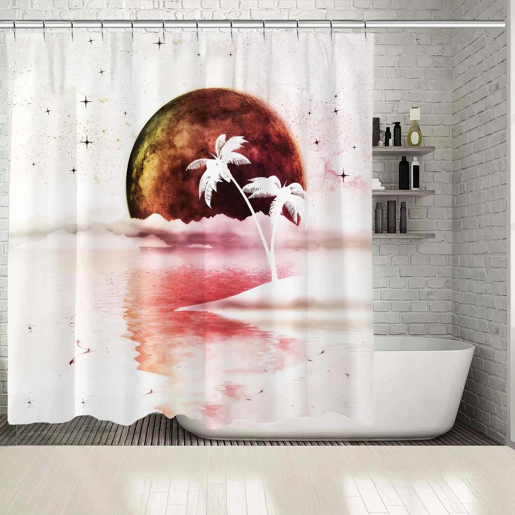 Занавеска для душа звезды пальмы остров Ностальгический Dreamland с супер луной над