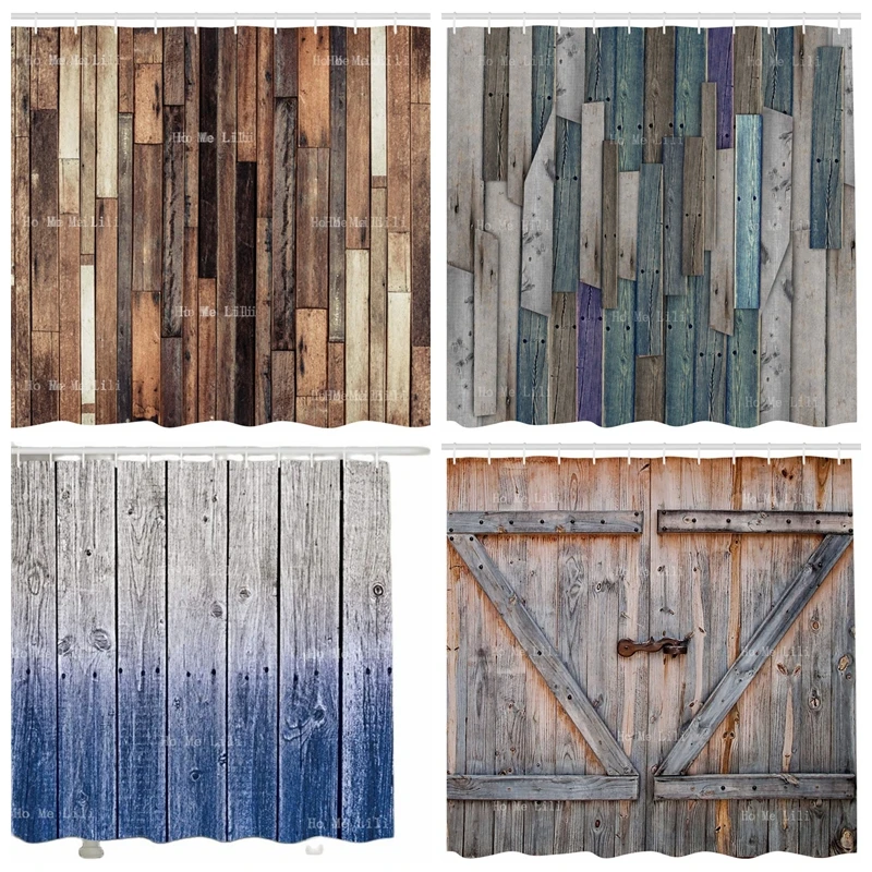 

Rustic Old Wooden Garage Barn House Door Nails Country Life Theme American Native Country Farm Style Shower Curtain