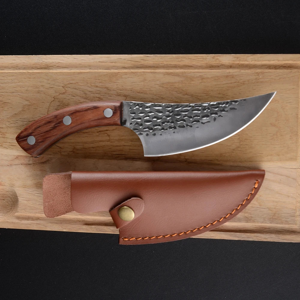 

Damask Handmade Forged Kitchen Knife Full Tang Butcher Knives 5.5 Inch Camping Serbian Cleaver Boning Knives With Leather Sheath