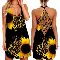 2022 new summer dress woman casual loose sleeveless sunflower print a line skirt butterfly print mini dress women