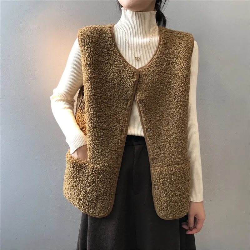 

MyZyQg Lamb Hair Vest Winter Women Sleeveless Waistcoat Coat Jacket Korean Round Neck Vests Casual Streetwear Clothes