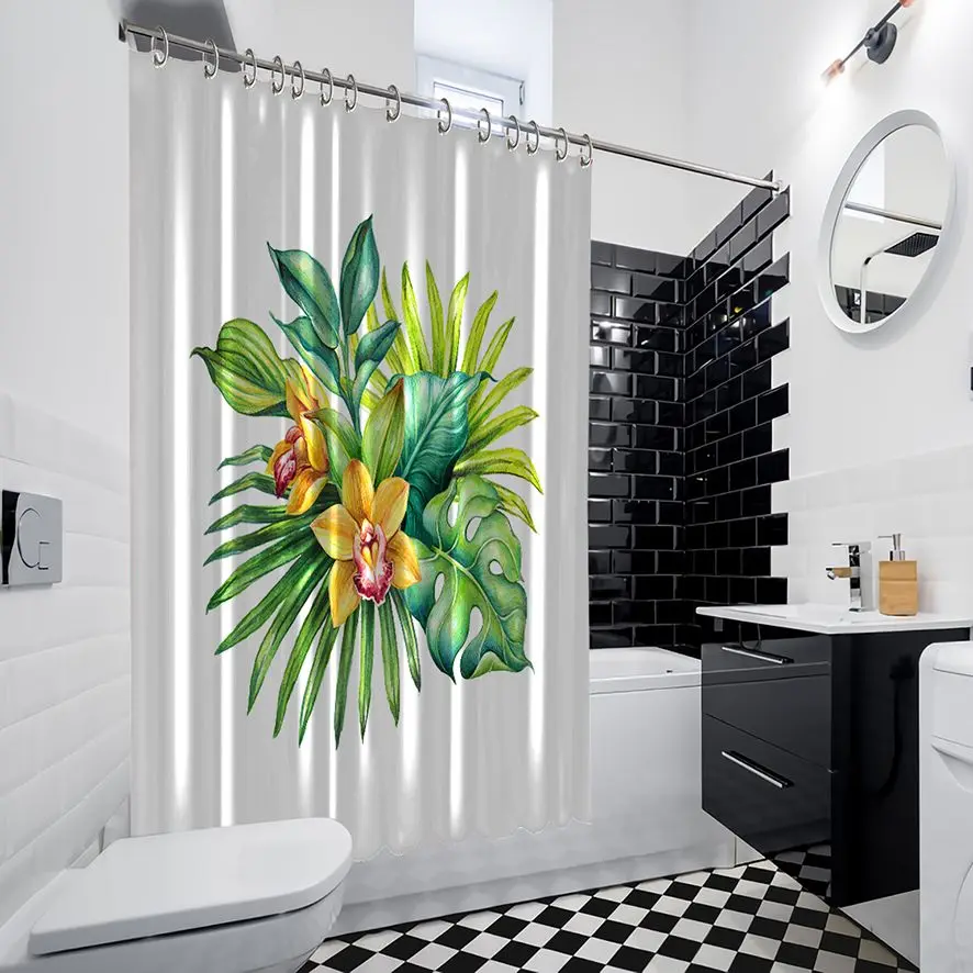 Занавеска для душа Тропический букет с большими листьями цветы орхидеи