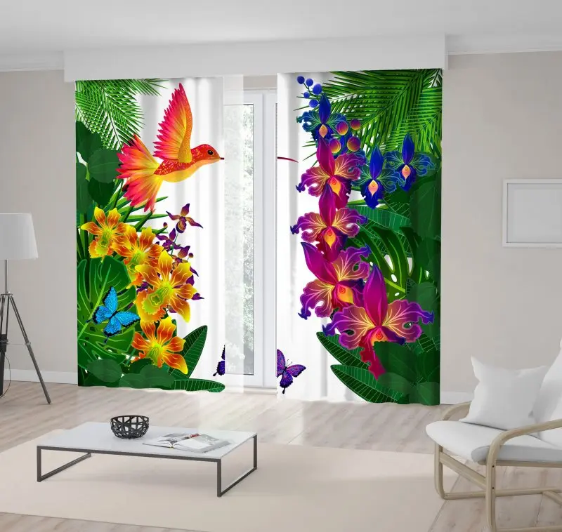 

Curtain Tropical Forest with Flowers Leaves Plants Birds and Butterflies Colorful Artwork Green Yellow Purple