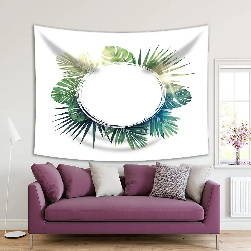 

Tapestry Exotic Palm Leaves and Plants Frame Wreath Tropical Theme Floral Artwork Green White