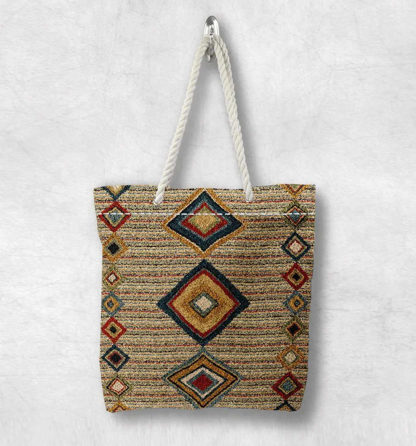 

Else Brown Tiles Antique Anatolia Turkish Kilim Design White Rope Handle Canvas Bag Cotton Canvas Zippered Tote Bag Shoulder Bag