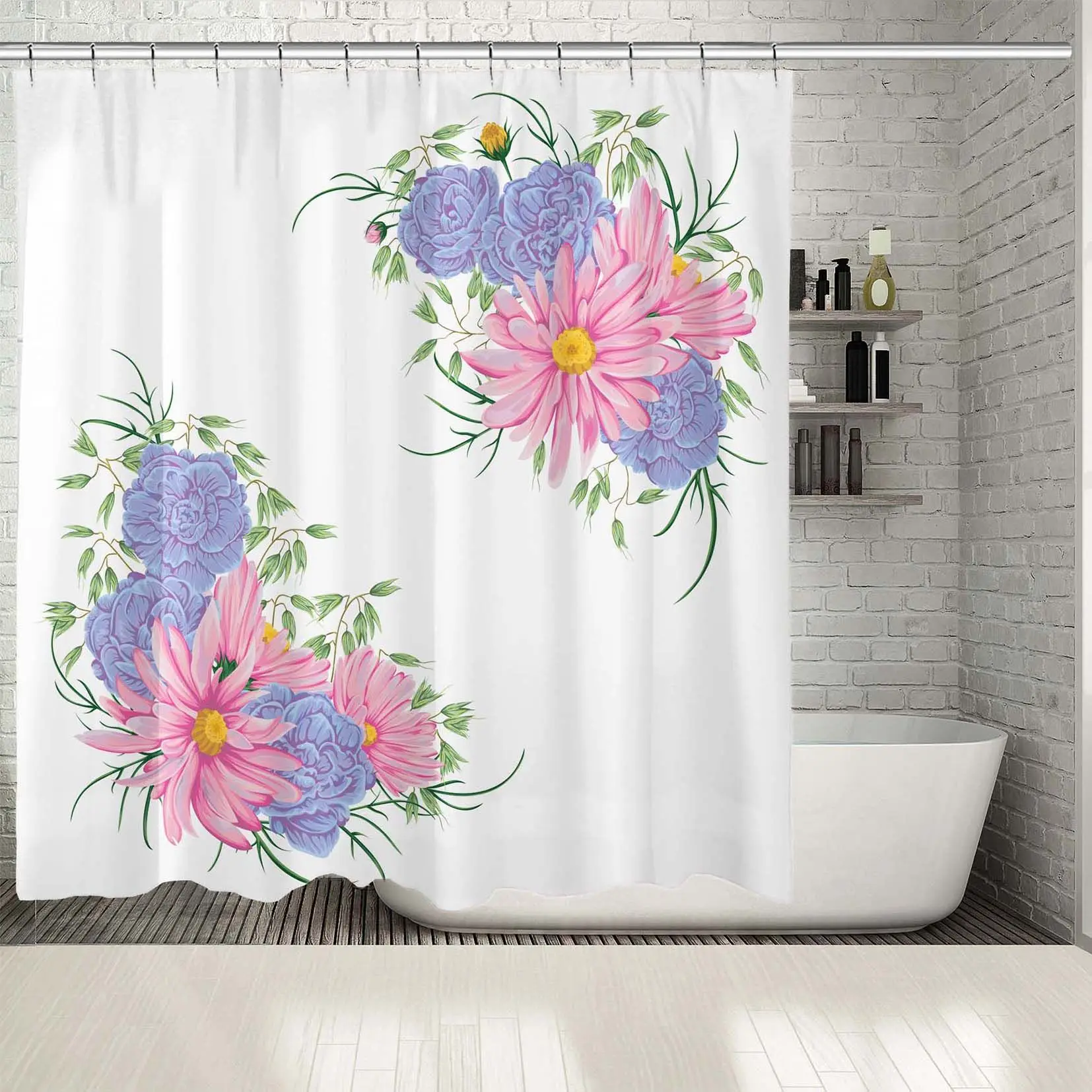 Занавеска для душа с букетом Герань Овес и ромашки цветы романтическое искусство