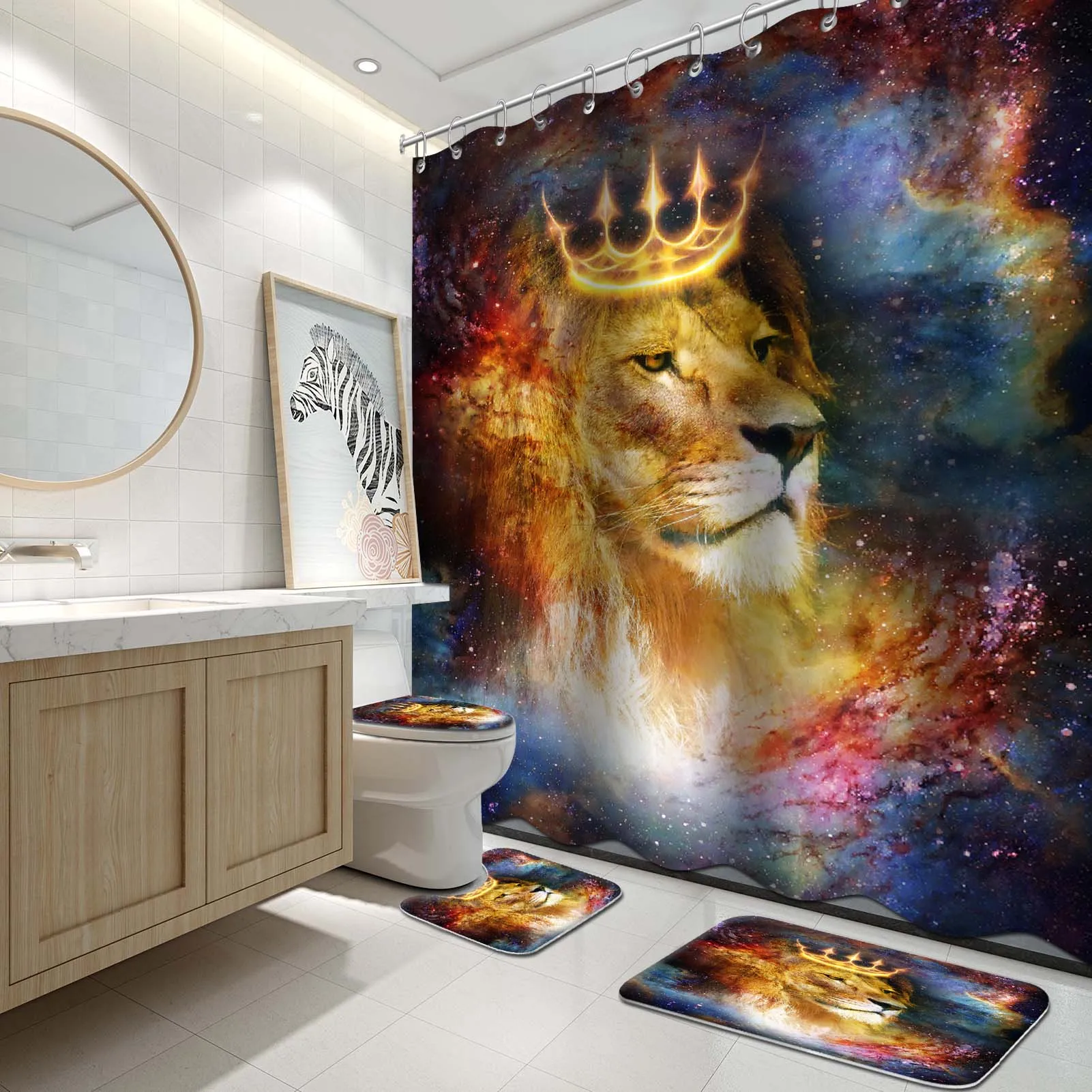 

4Pcs Lion Shower Curtains Sets with Non-Slip Rugs, Toilet Lid Cover and Bath Mat, Bathroom Sets with Shower Curtain and Rugs
