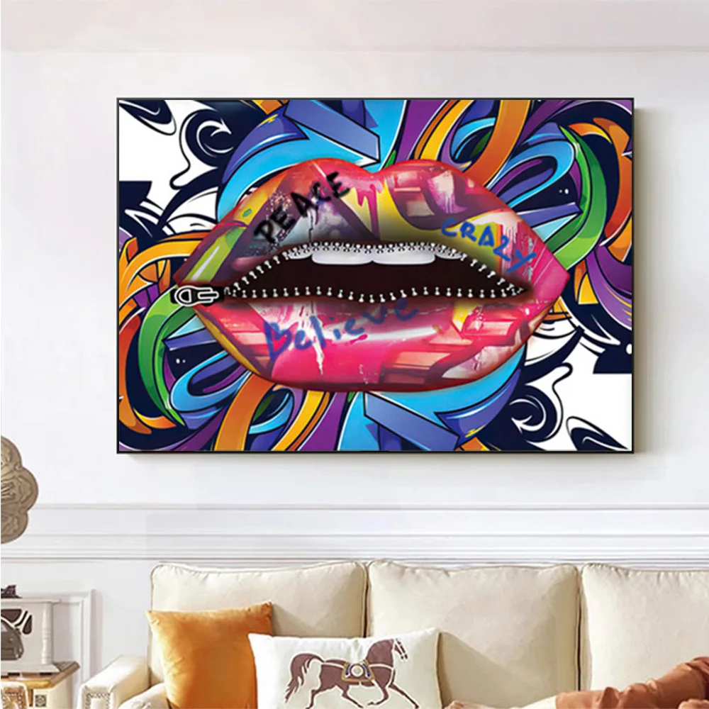 

Colorful Graffiti Lip Art Zipper Sexy Lips Canvas Painting Modern Abstract Poster and Print for Living Room Wall Art Home Decor
