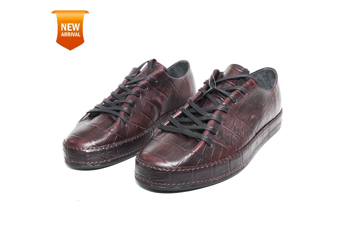 

Handmade Modern Croco Sneakers with Wholecut Burgundy Crocodile Patterned Calf Leather, Leather Sewn Soles, Sport Fashion Shoes