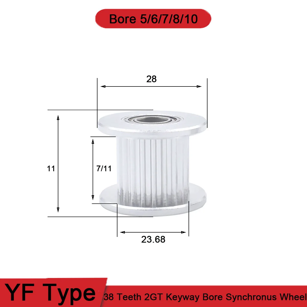 

1 шт. 38 зубьев 2GT YF тип, синхронное колесо отверстие натяжного шкива 5 6 7 8 10 мм, алюминиевый зубчатый шкив, ширина 7 11 мм