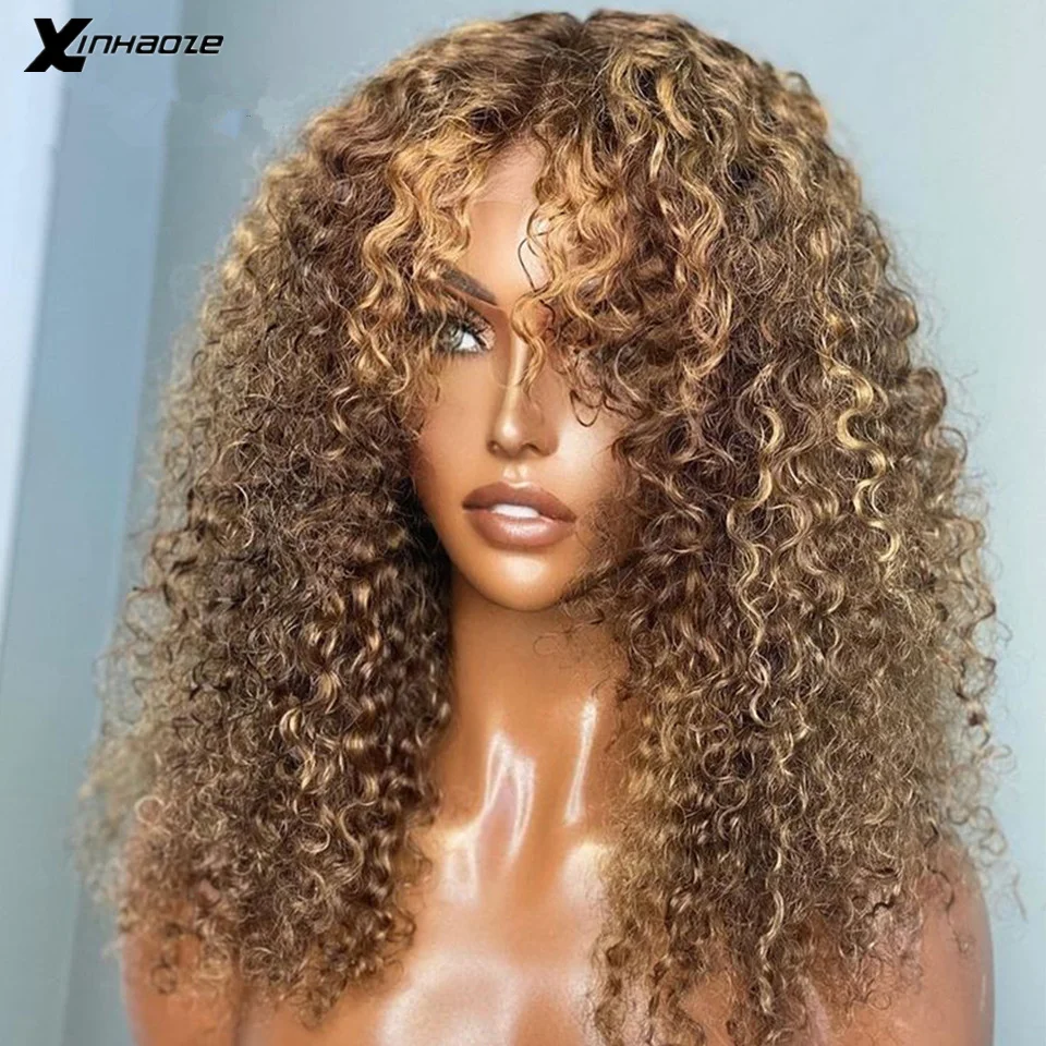 

Brown Root Honey Highlight Wig Human Hair Wig 4/27 Ombre Curly 13x4 Lace Frontal Wigs Brazilian Kinky Curly 4x4 Lace Closure Wig