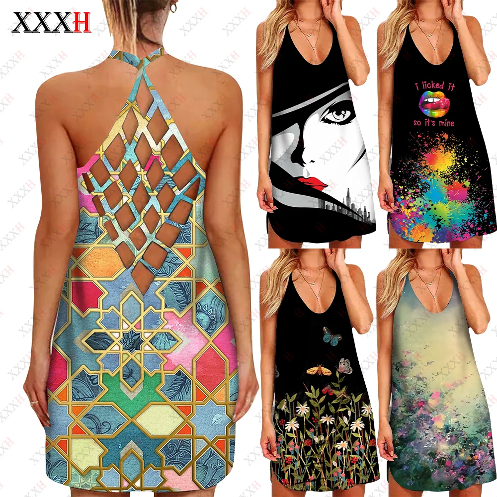 XXXH Women 2022 3D Printed Hollow Suspender Skirt Sexy Vintage Ruffles Dress Printed Summer Boho Casual Party Elegant Dresses