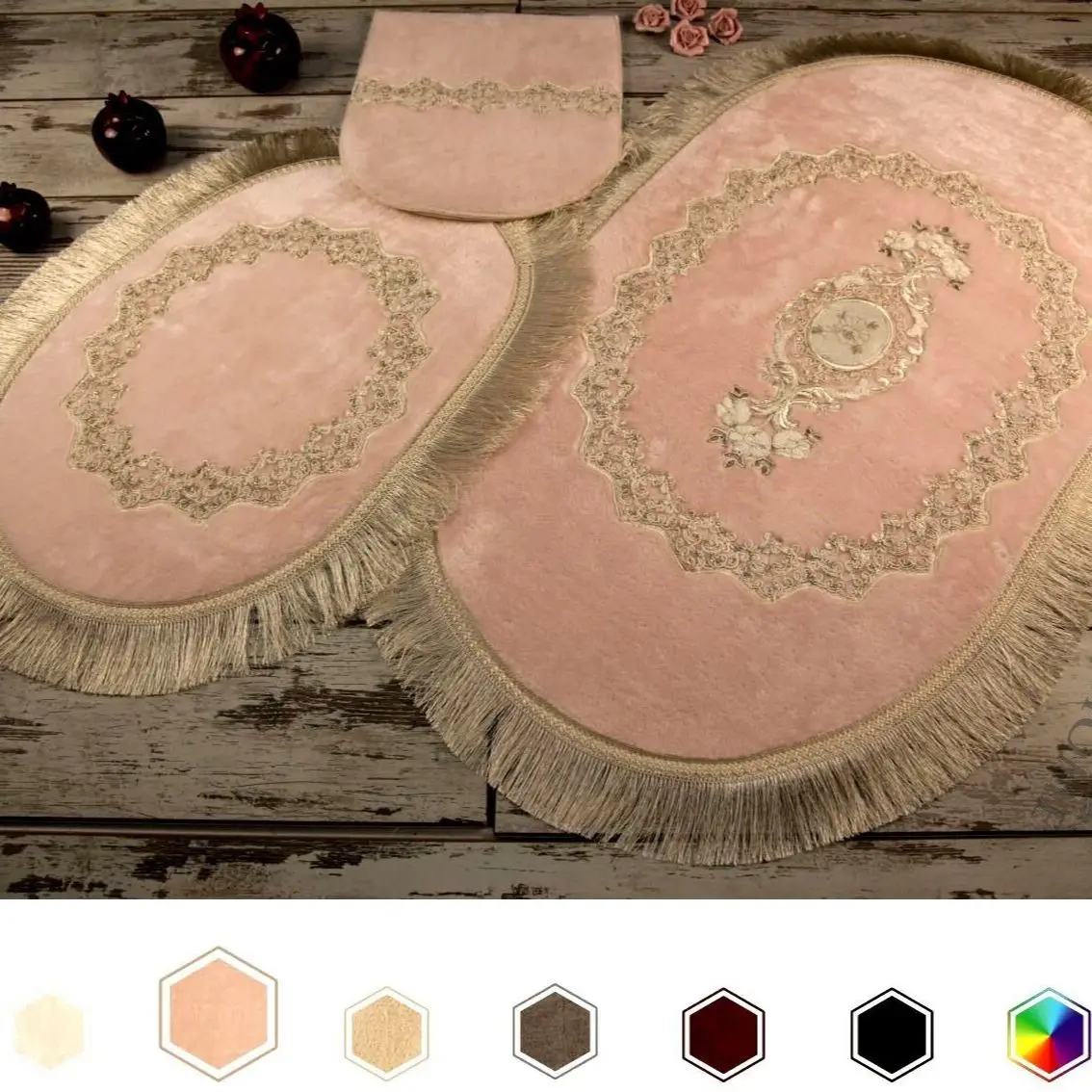 

Bonny Home Набор Эксклюзивных розовых ковриков для ванной Bonny Home из 3 предметов с французской кружевной плюшевой тканью, нескользящий коврик на к...