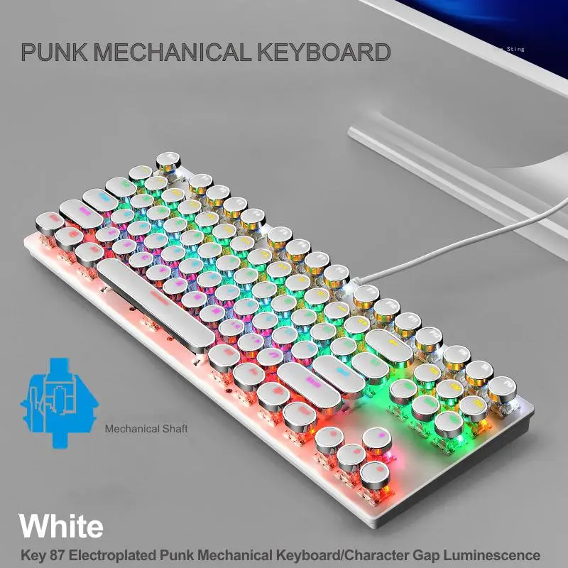 

Wired Punk Mechanical Keyboard Round Keycap 87 Key Blue Axis Game Competitive Office Notebook Keyboard