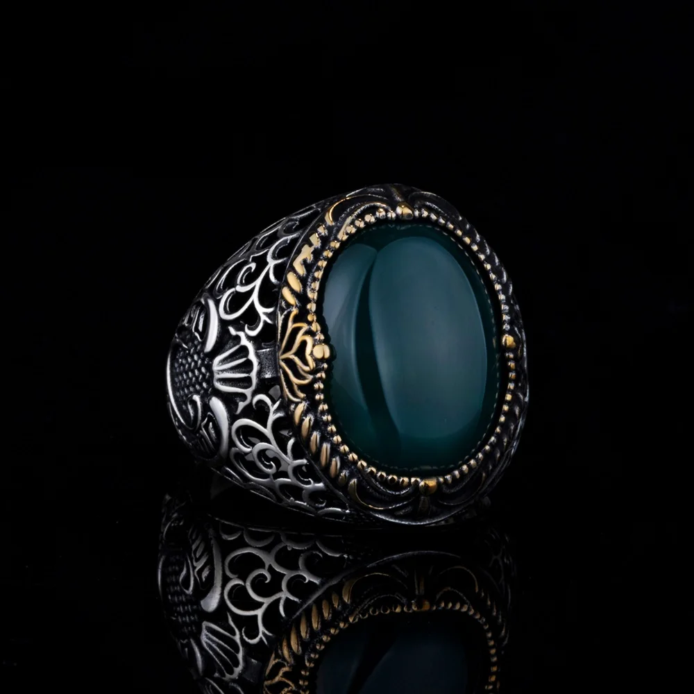 

Turkish Handmade 925K Sterling Silver Jewelry Green Agate Stone Men's Ring All Size gift for him
