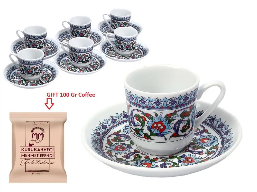 Чайная чашка и блюдце из глиняного фарфора 12 шт. традиционные турецкие мотивы