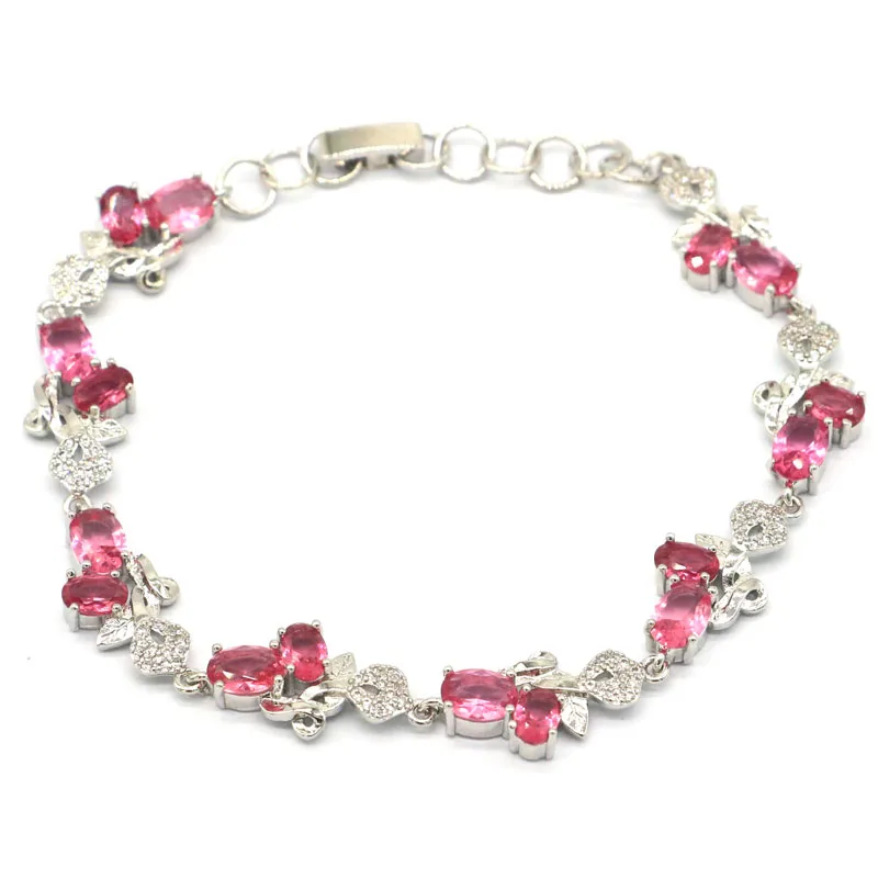 23x11mm European Design Pink Tourmaline London Blue Topaz Cz Women Silver Bracelet 6.5-8.5inch