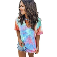 women summer fashion v neck shirts tie dye print choker tops color block gradient tees casual loose comfy retro stylish pullover