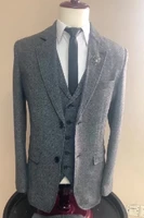 gray woollen herringbone men suits for wedding groom tuxedo 3 piece tweed custom fashion set jacket with pants waistcoat new