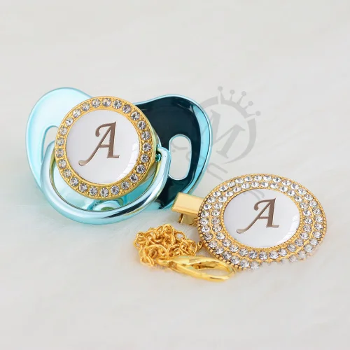MIYOCAR Gold silver name Initials letter white elegant A beautiful bling pacifier and pacifier clip BPA free dummy bling LA-W - Цвет: LA-10-W   0-6M
