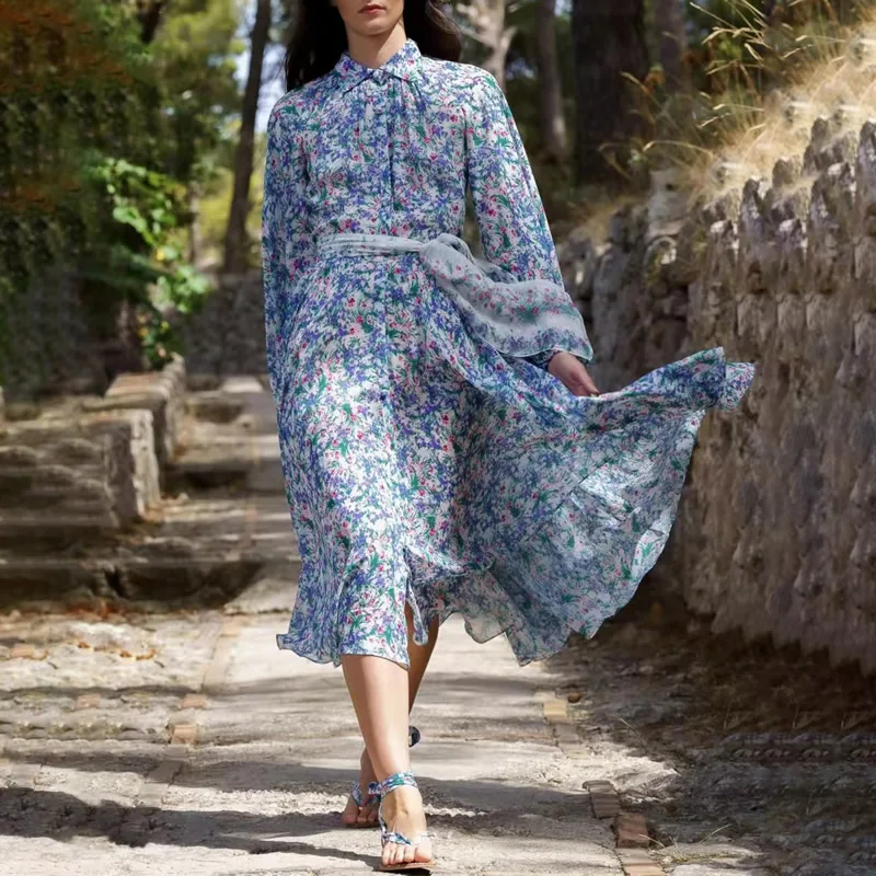 Hot Sale Women Floral Print Dress Long Sleeve Turn-Down Collar Casual Dresses K1808