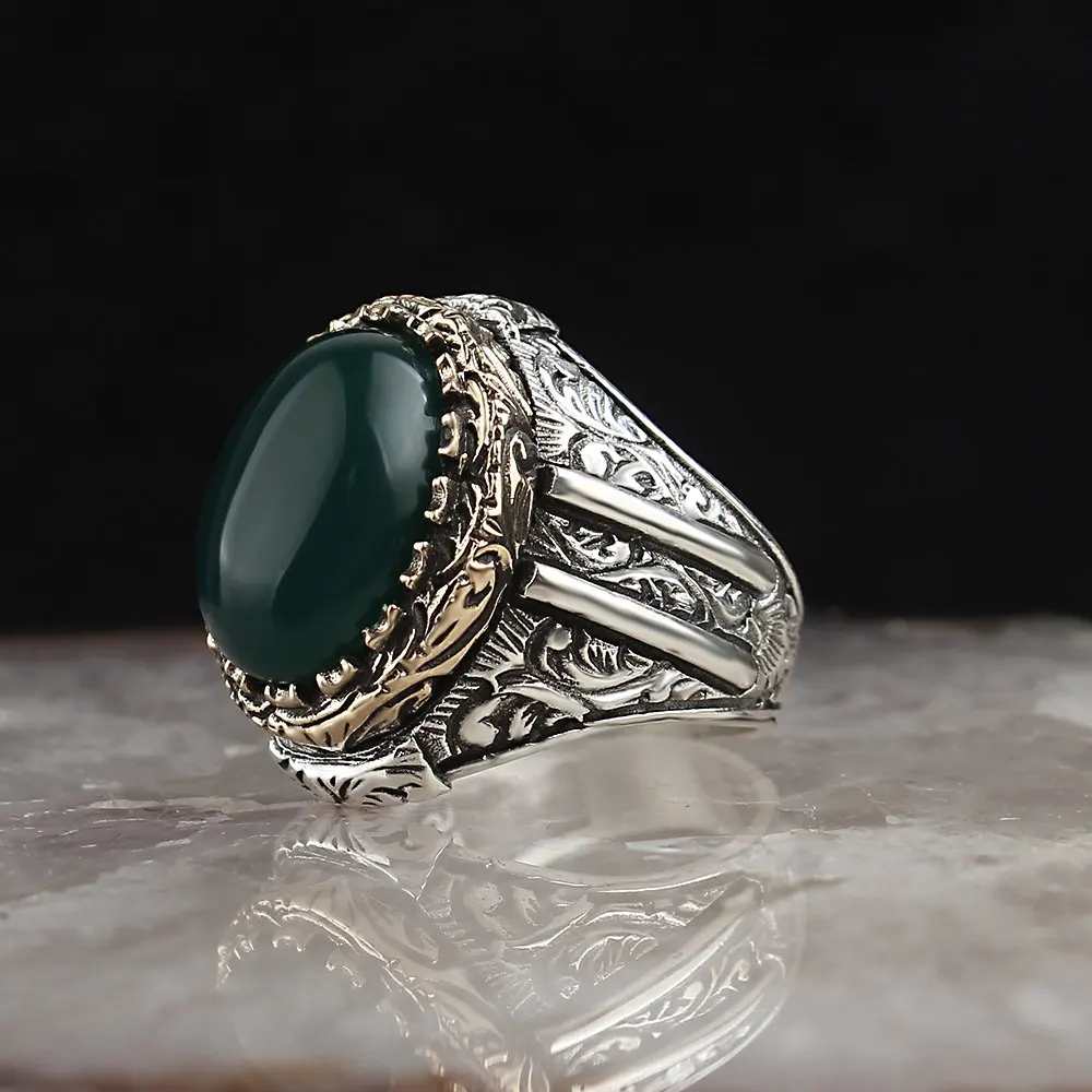 

925 Sterling Silver Ring for Men Heali925 Sterling ng Agate Stone Vintage Gift Mens Rings All Size Women Turkish Fashion Jewelry