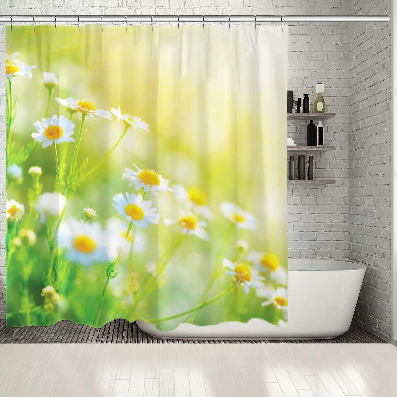 

Shower Curtain Chamomile Daisy Flowers in Sun Flare Spring Summer Meadow Nature Scenic View Green White Yellow