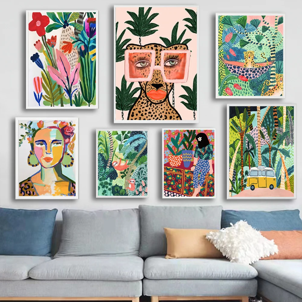 

Colorful Girl Car Flower Painting Koala Tropical Leopard Wall Art Canvas Posters And Prints Wall Pictures For Living Room Decor