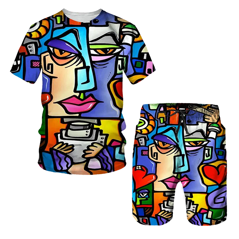 Hip Hop T gömlek Mens Graffiti baskı seti kısa kollu yaz günlük T-shirt/şort/iki parçalı takım elbise 2022 yeni moda erkek giyim