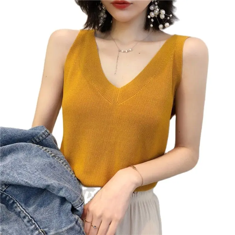 

2021New Female casual knitted vests Women Tops V-neck sleeveless Tanks summer knit shirts Woman Pink Black Korea camisole Femme