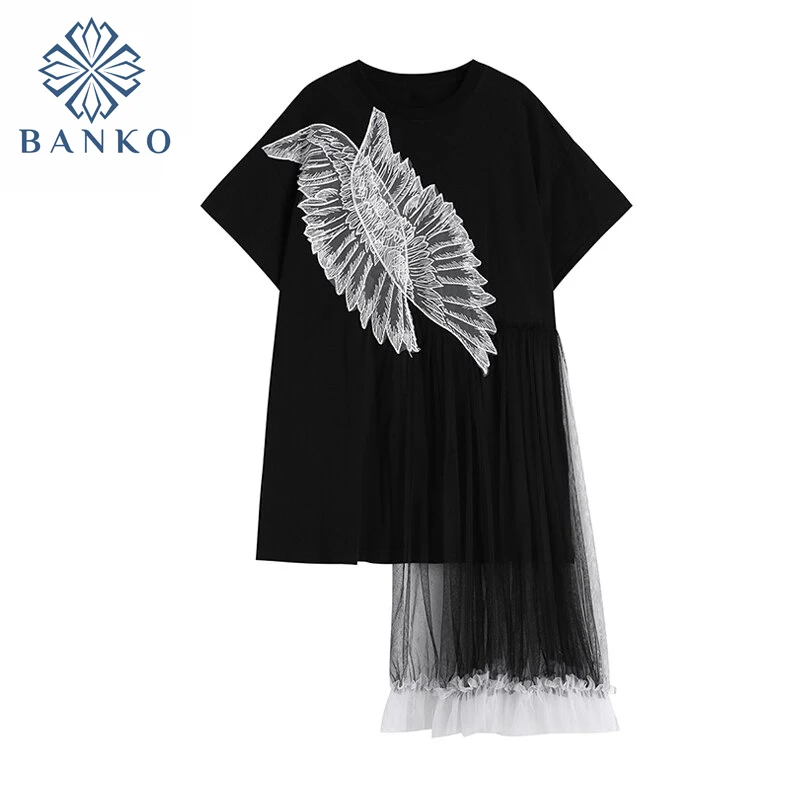 

Streetwear Women Fashion 2021 Summer Mesh Splice Print Loose Mid Long Dress O-Neck Short Sleeve Black Female T-shirt Dresses