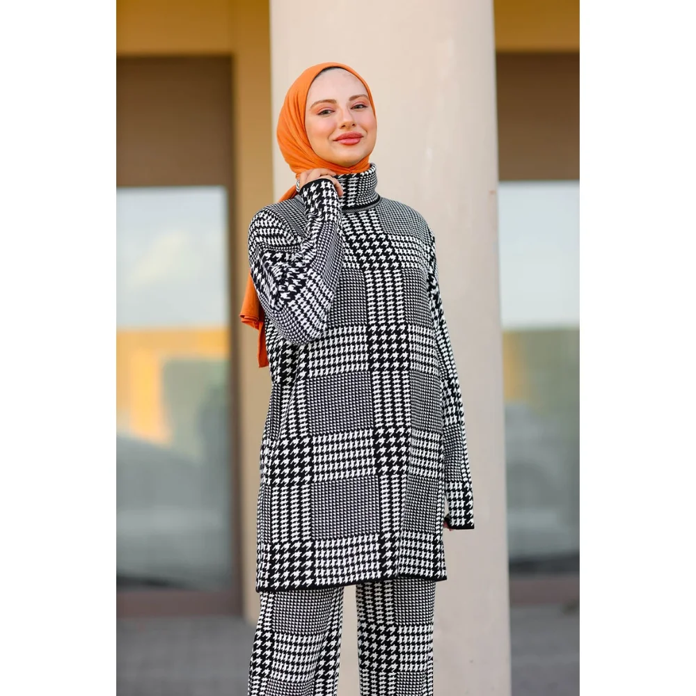 Crowbar Pattern Tunic Pants Double Knitwear Suit Winter Trend Fashion muslim dress women abaya kaftan modest dress abayas for wo