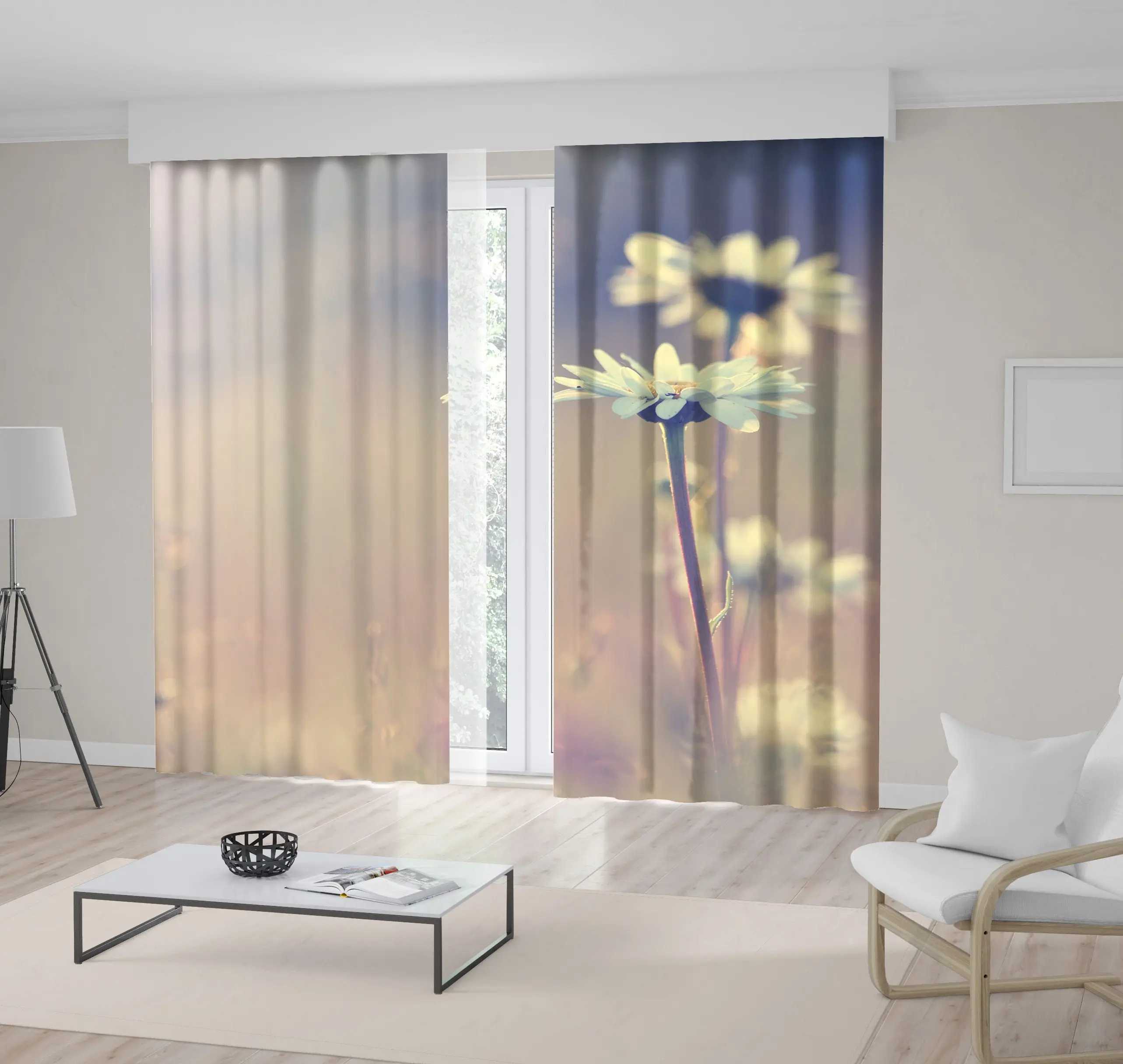 

Curtain Vintage Daisy Chamomile Flowers Field at Sunrise Romantic Peaceful Nature Photo Beige