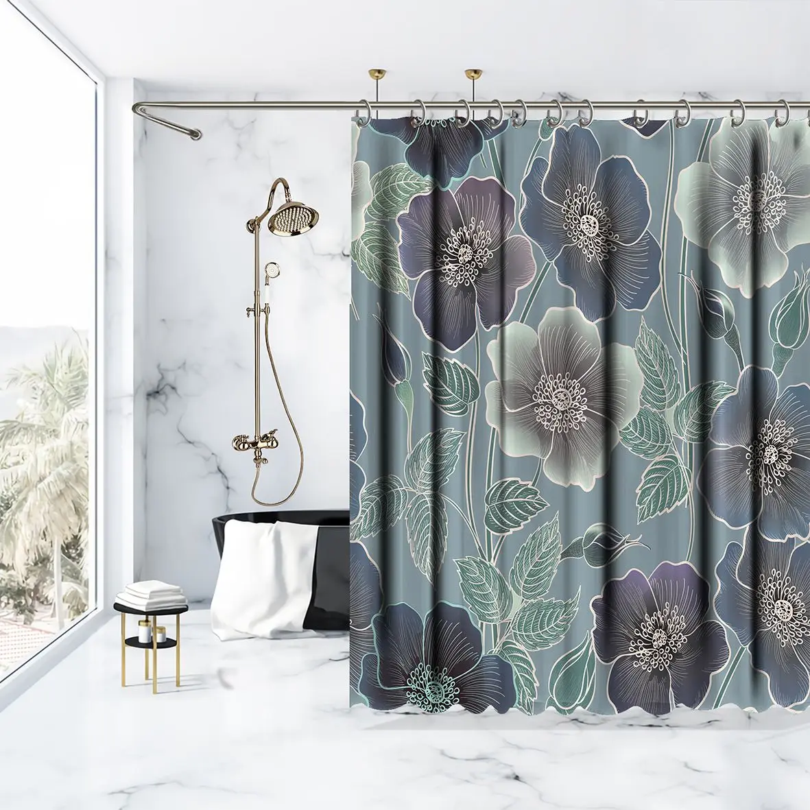 Занавески для душа весенние цветущие садовые Маки Цветы Листья классические